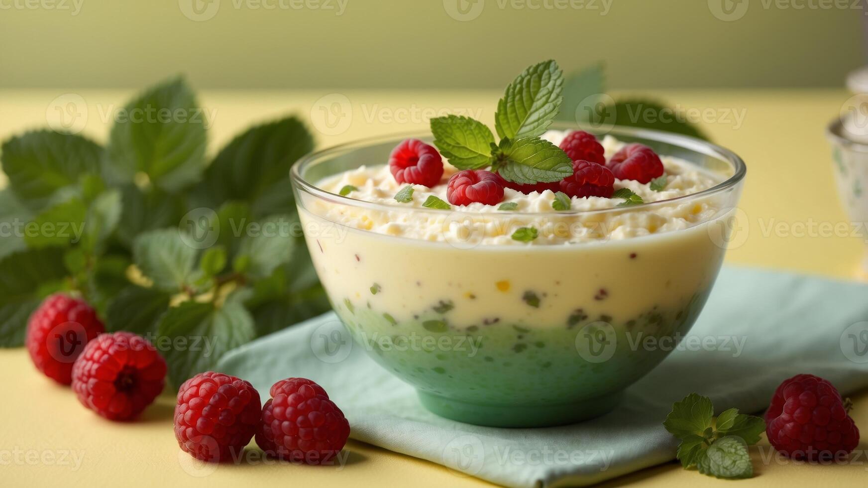 Creamy tapioca pudding garnished with mint leaves in green bowl on yellow background. photo