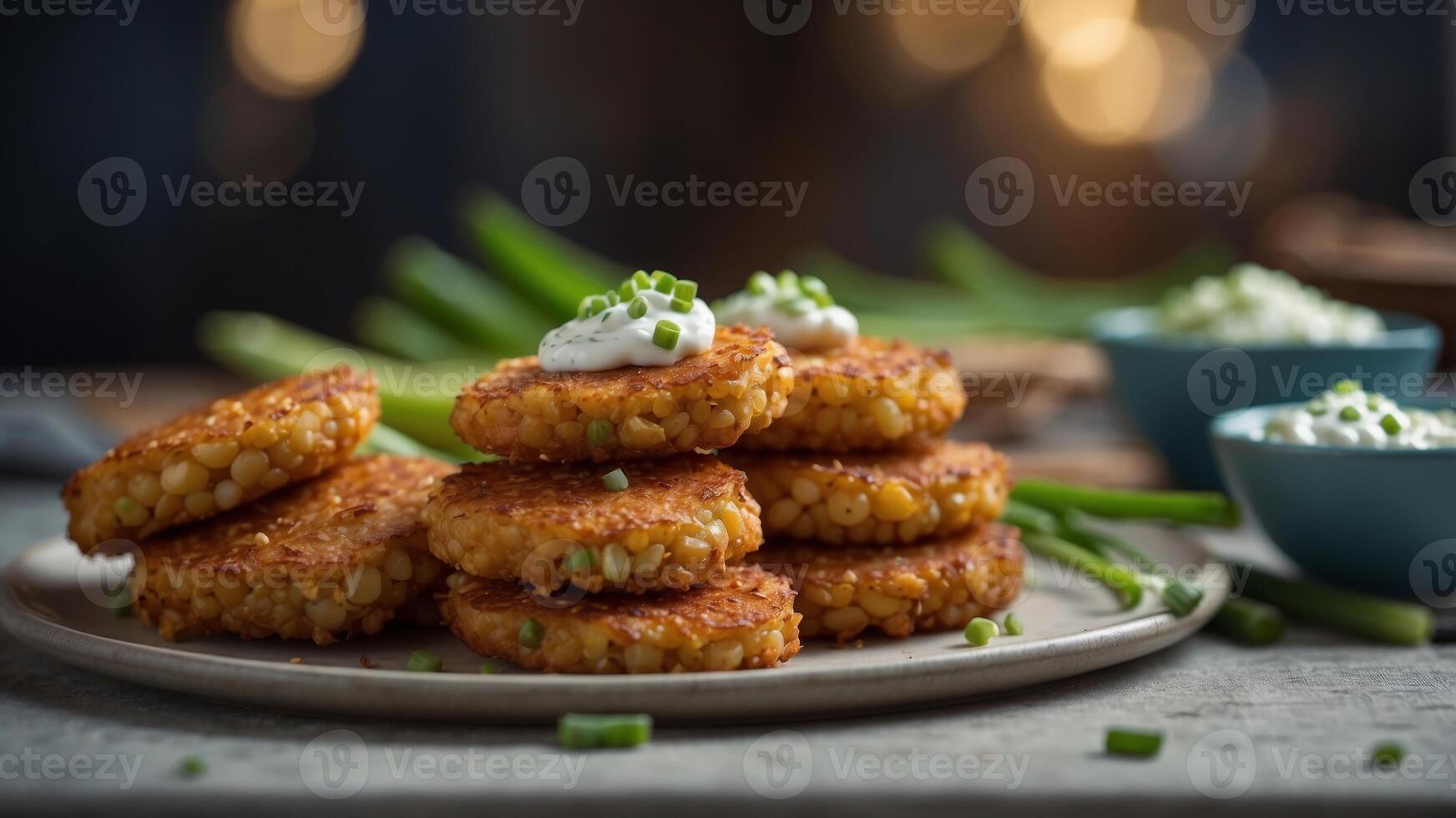 Crispy corn fritters with green onions and creamy dip. photo