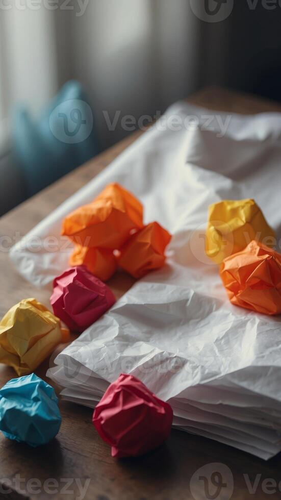 Crumple and place a blank sheet of paper on the table. photo