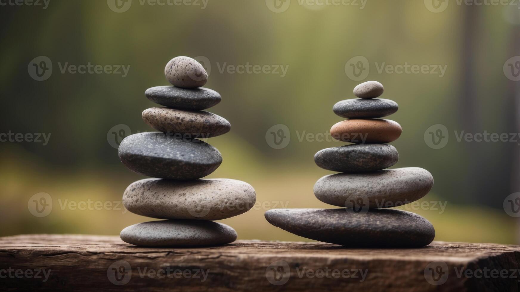 Five stacked stones forming balanced structure on rustic background. photo
