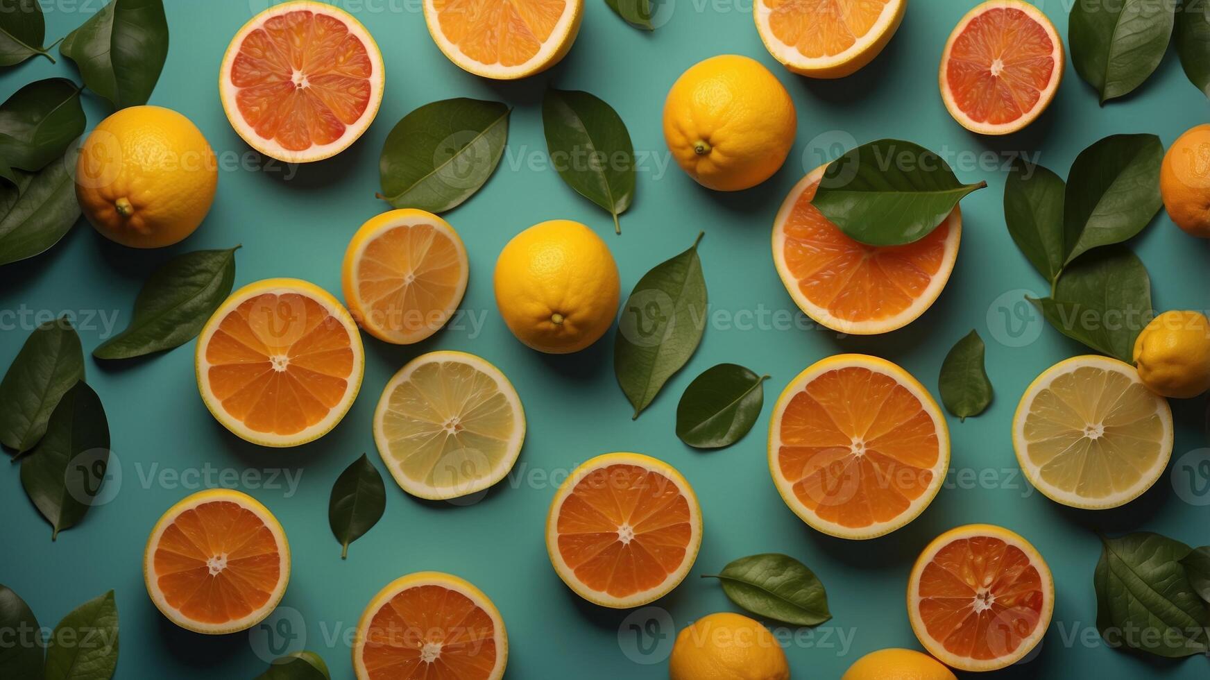 Floating citrus slices and green leaves on green background. photo