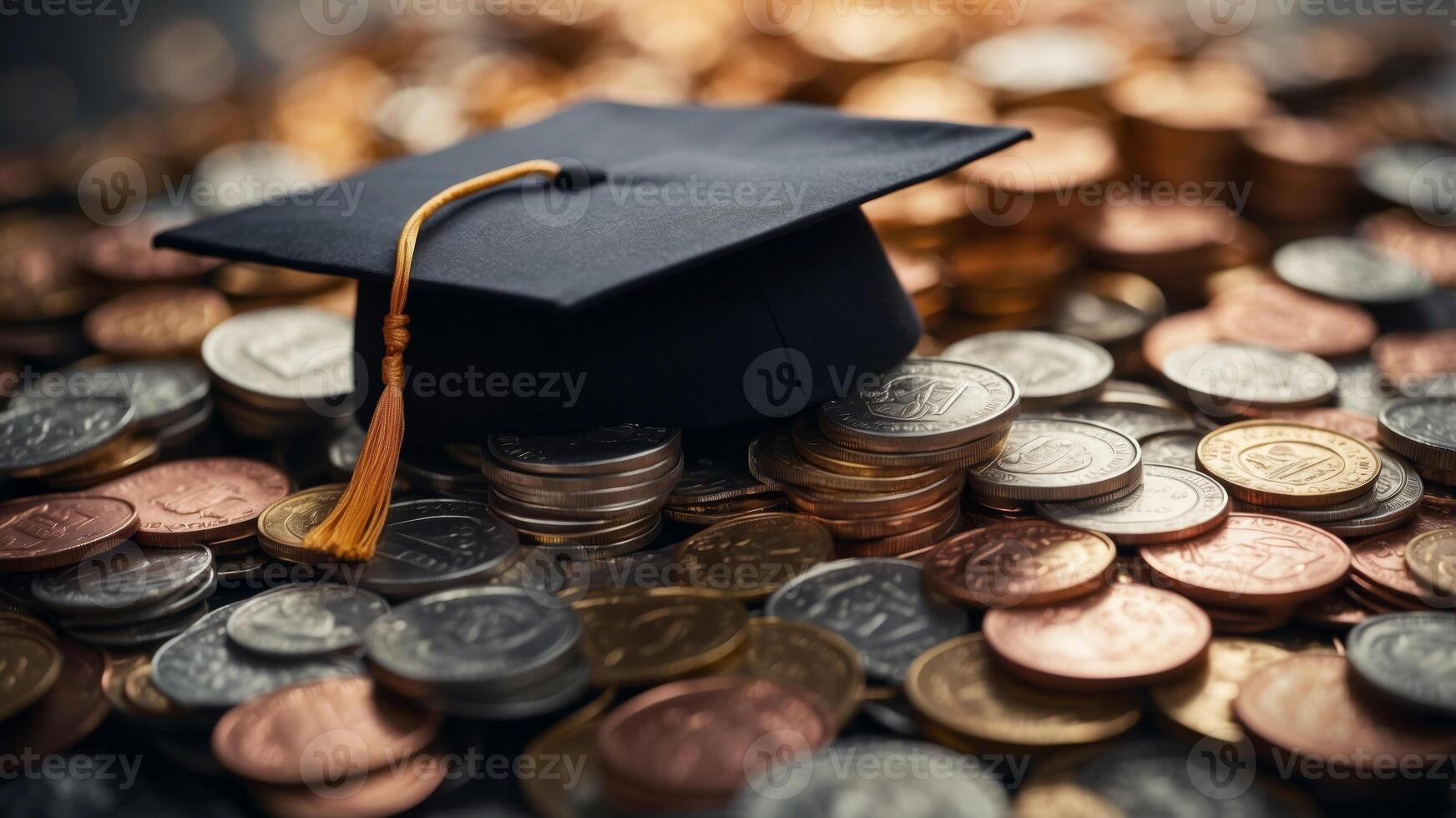 Graduation cap on a pile of money and coins. photo