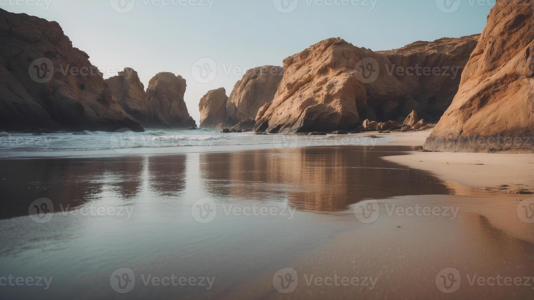 Misty weather at a sandy beach with rock formations. photo