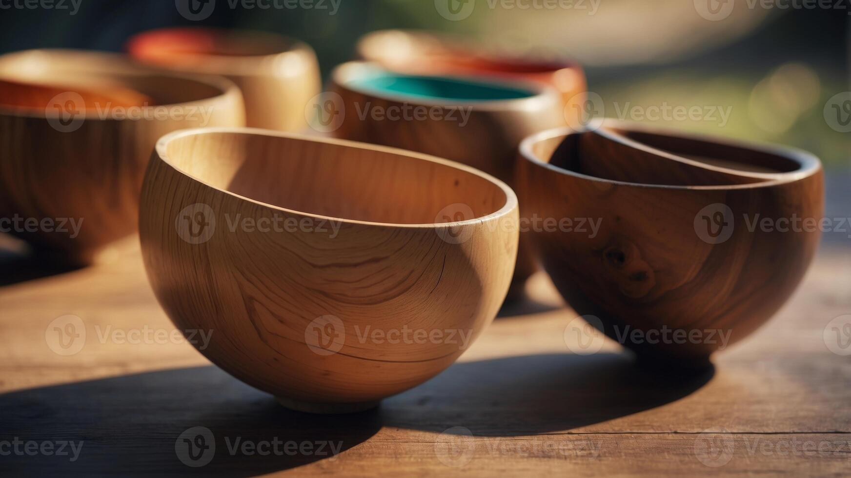 Minimalist wooden bowls in natural sunlight. photo