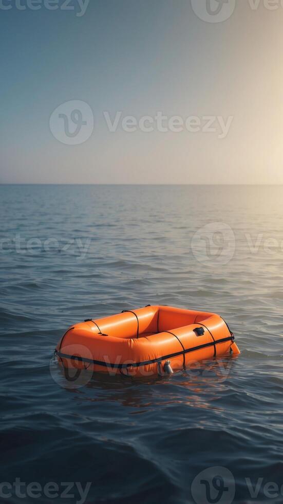 Orange life raft inflatable upon the ocean surface ready to save lives. photo