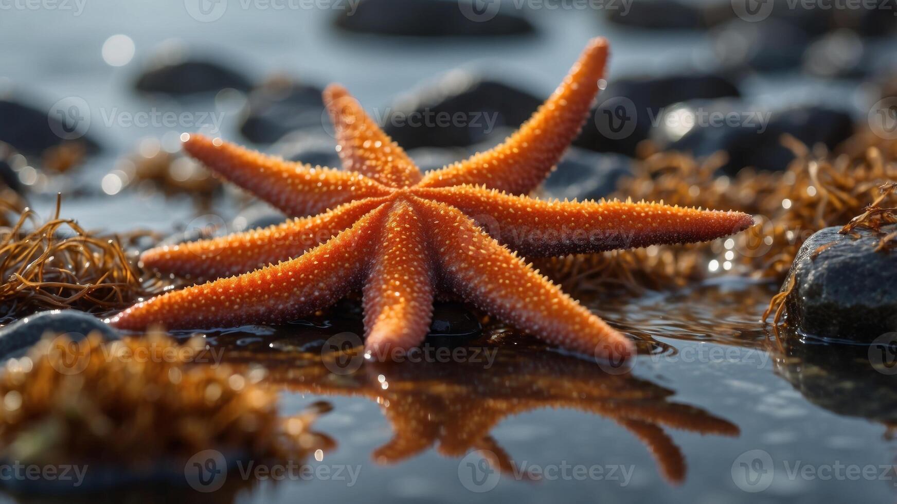 Orange starfish lies atop wet rocky shore amidst seaweed. photo