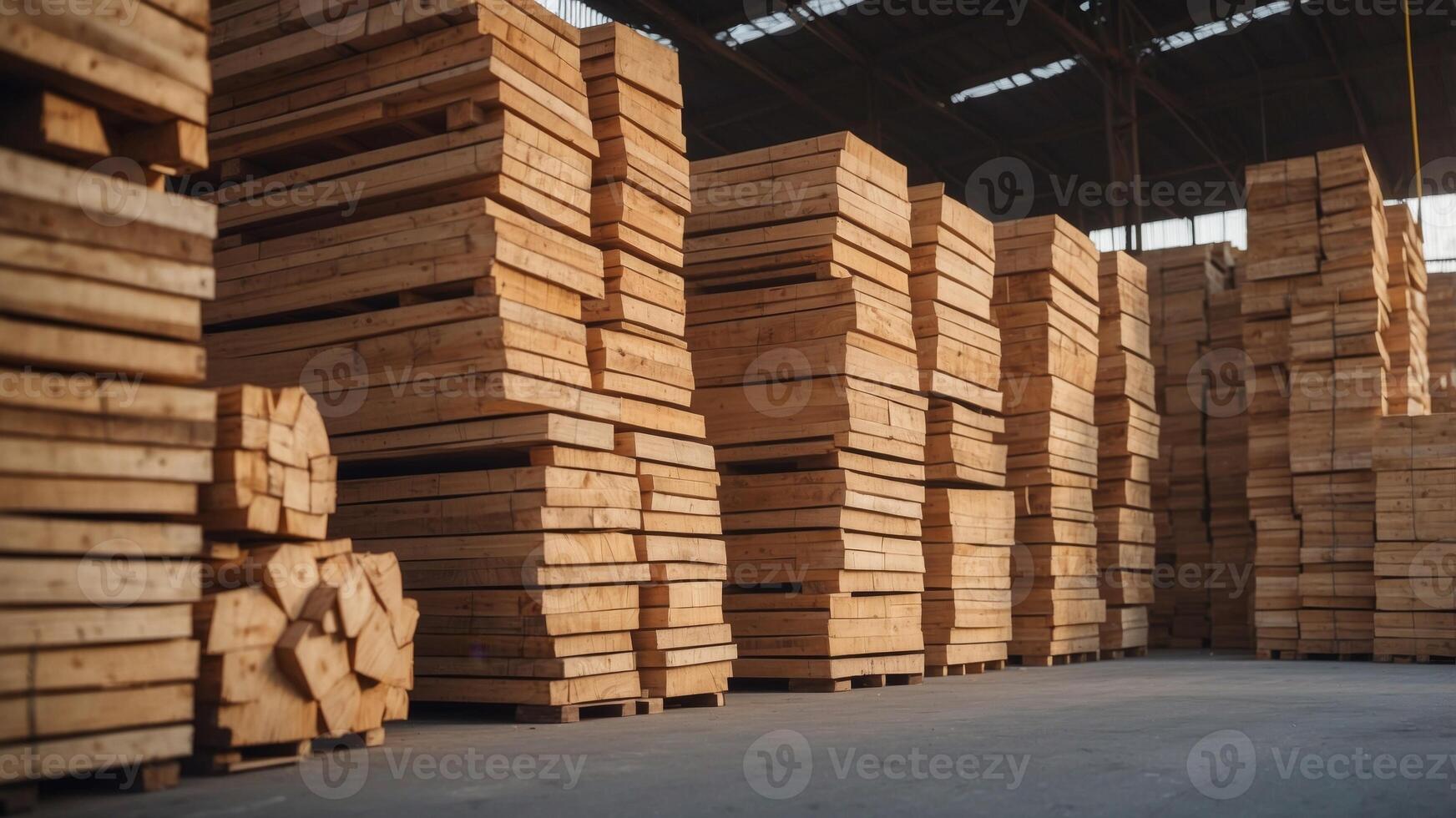 Panoramic view of timber factory storage yard with numerous piles of timber planks organized. photo