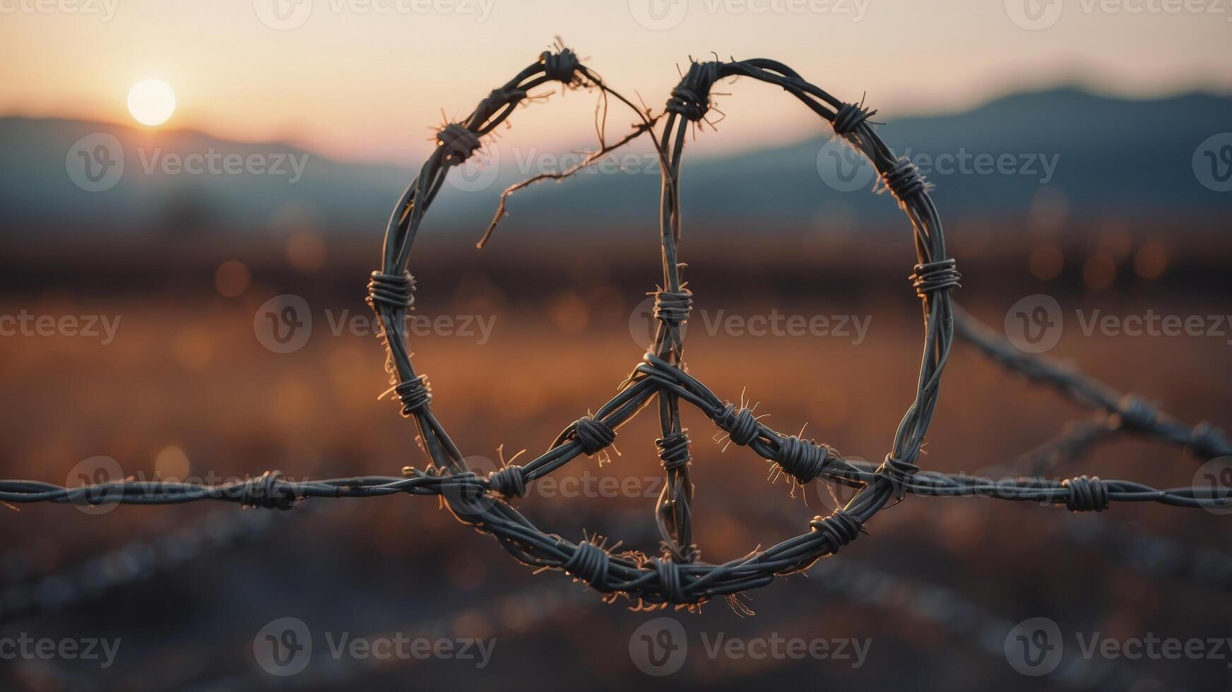 Peace sign made of barbed wire symbolizing conflict along with hope. photo