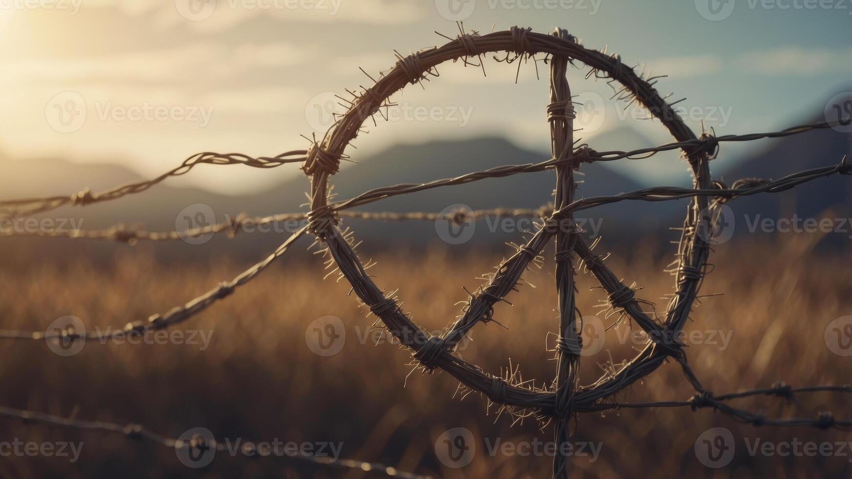 Peace sign made of barbed wire symbolizing conflict along with hope. photo