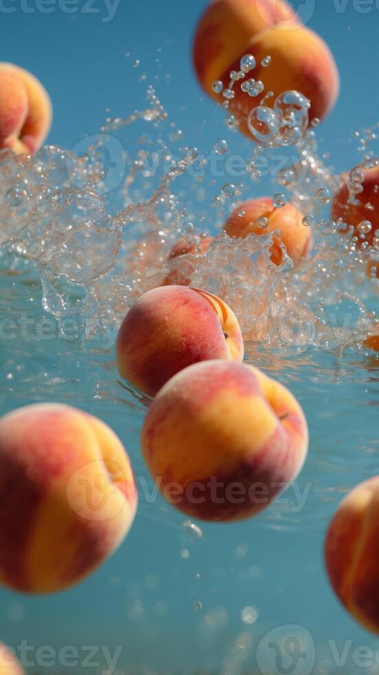 Peaches splashing into water with bubbles in a refreshing scene. photo