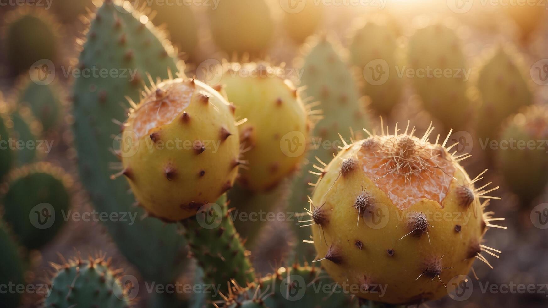 Prickly pear cactus fruit glistening in golden hour light. photo