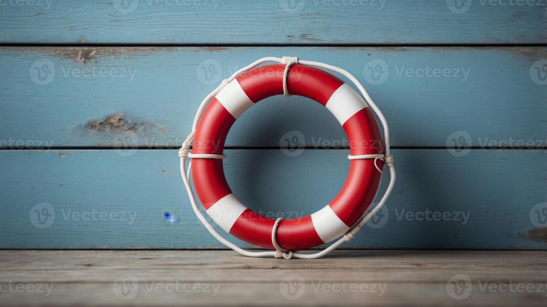 red and white aquatic life ring on a light blue wooden wall background with copy space. photo