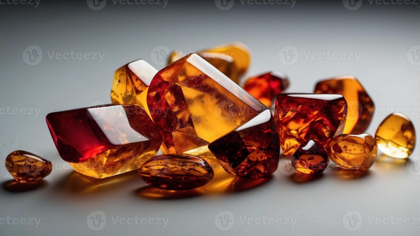 Red yellow polished amber pieces on white surface varying in size and transparency. photo