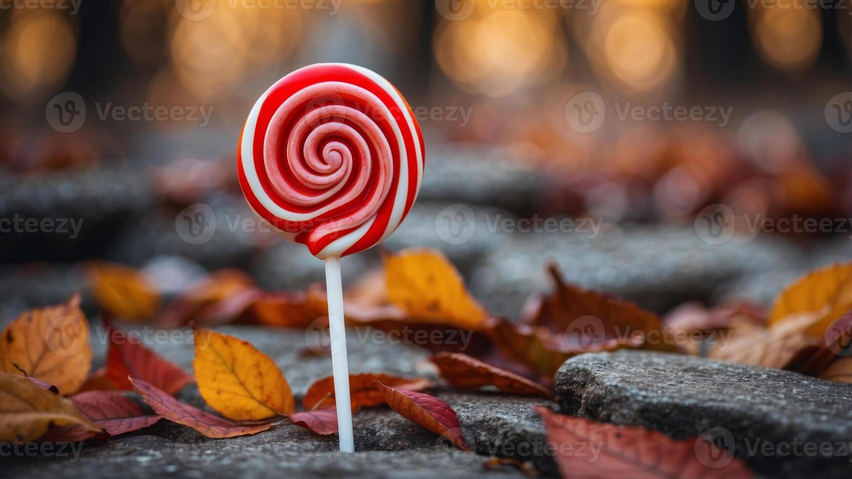 Red swirled lollipop among colorful autumn leaves. photo
