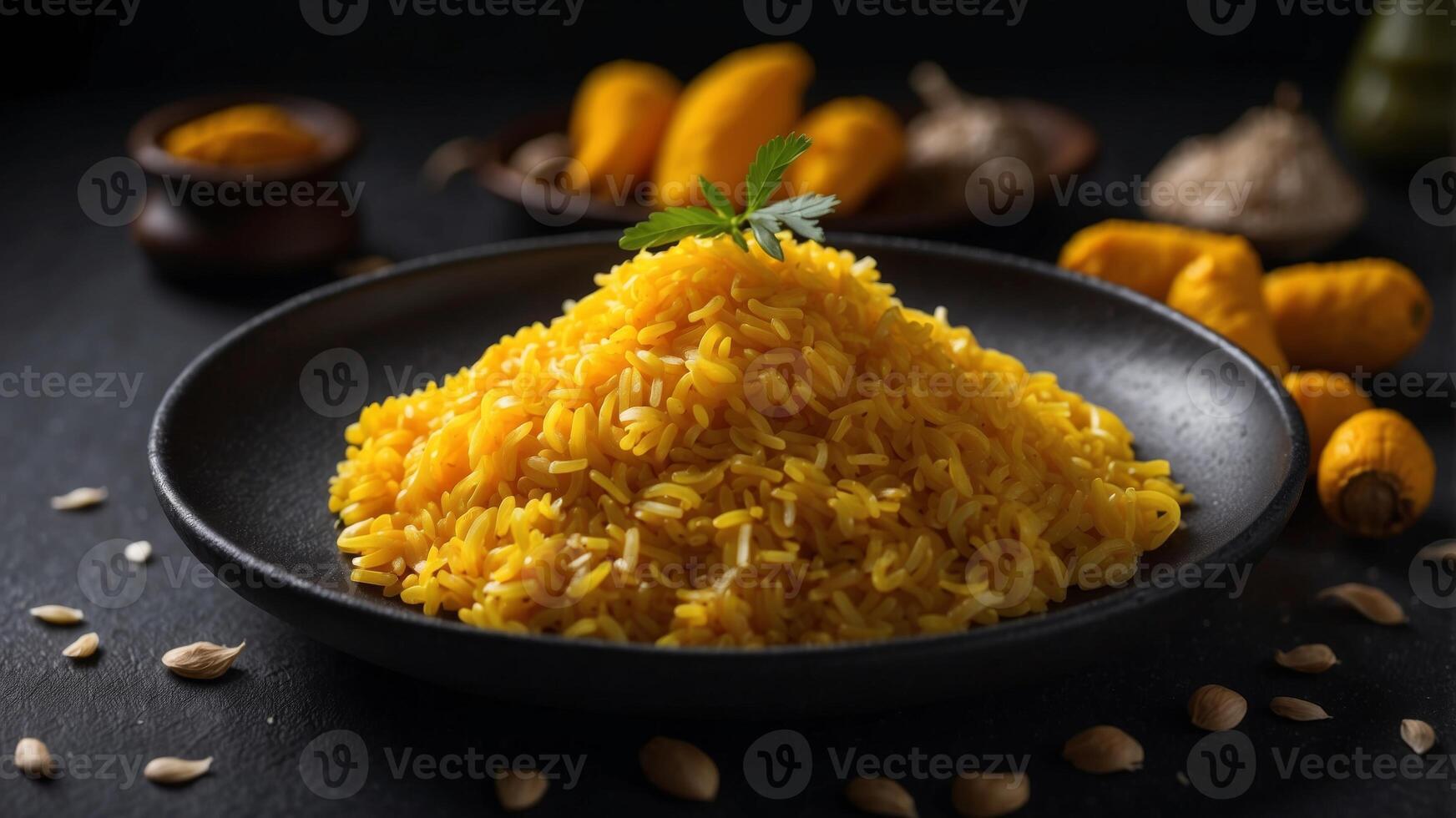 Risotto or rice with fresh turmeric on a dark surface. photo