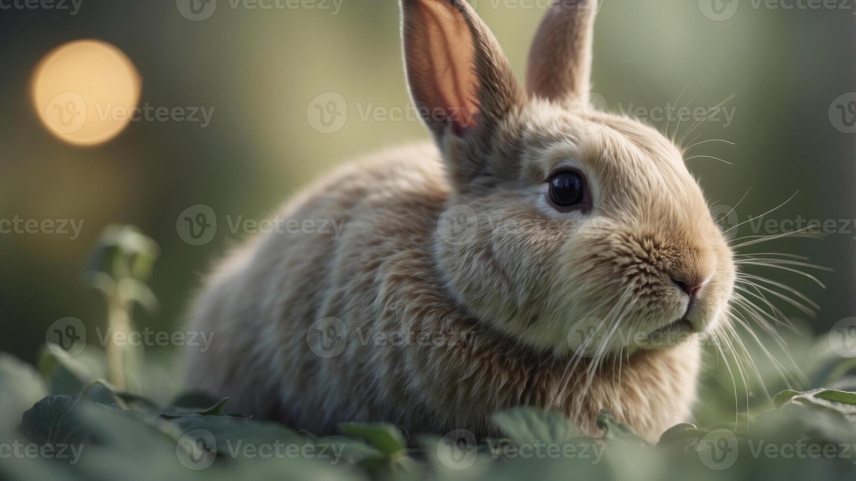 relaxed lop eared rabbit in a calming sage green solid color background. photo