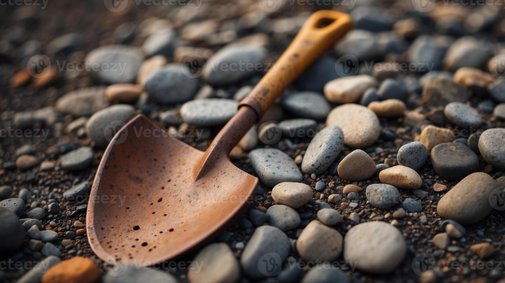 Rusty old shovel on rocky dirt ground with small stones scattered around. photo