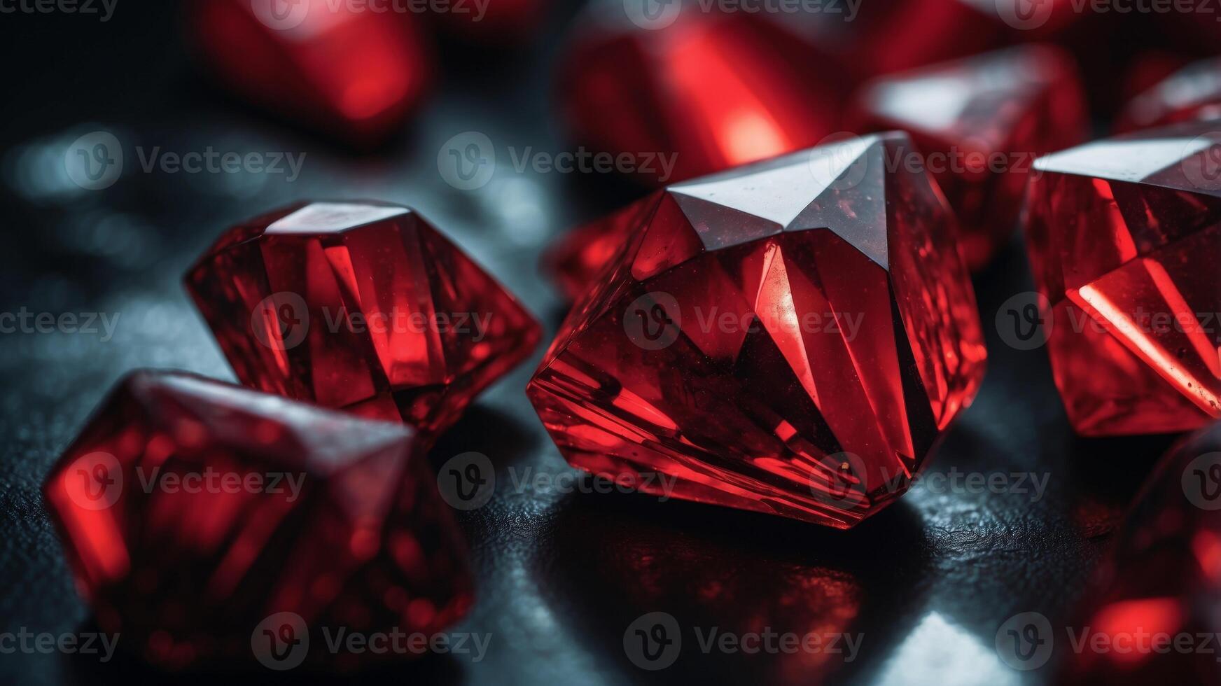 Shiny red crystals on black background with light reflections. photo
