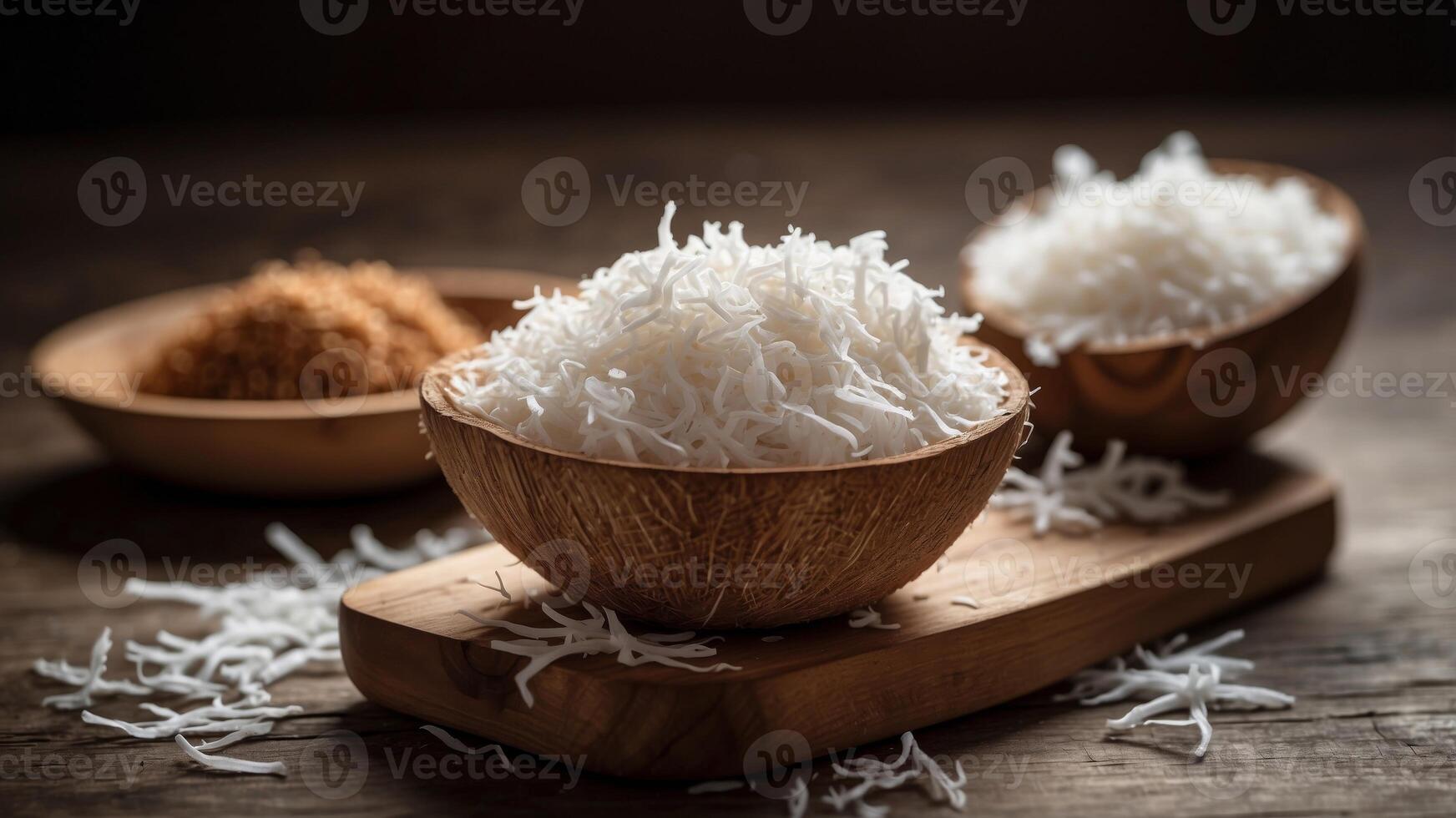 Shredded coconut atop wooden board as well as table. photo