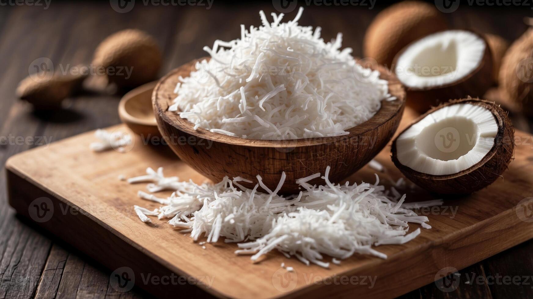 Shredded coconut atop wooden board as well as table. photo