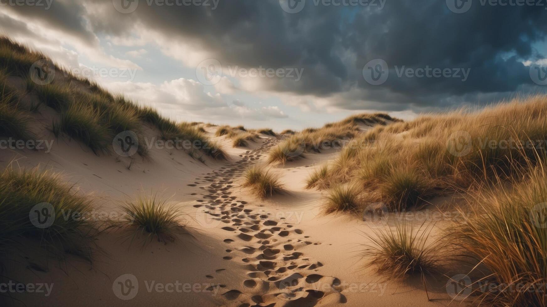 Serene sandy path through grassy dunes under cloudy sky. photo
