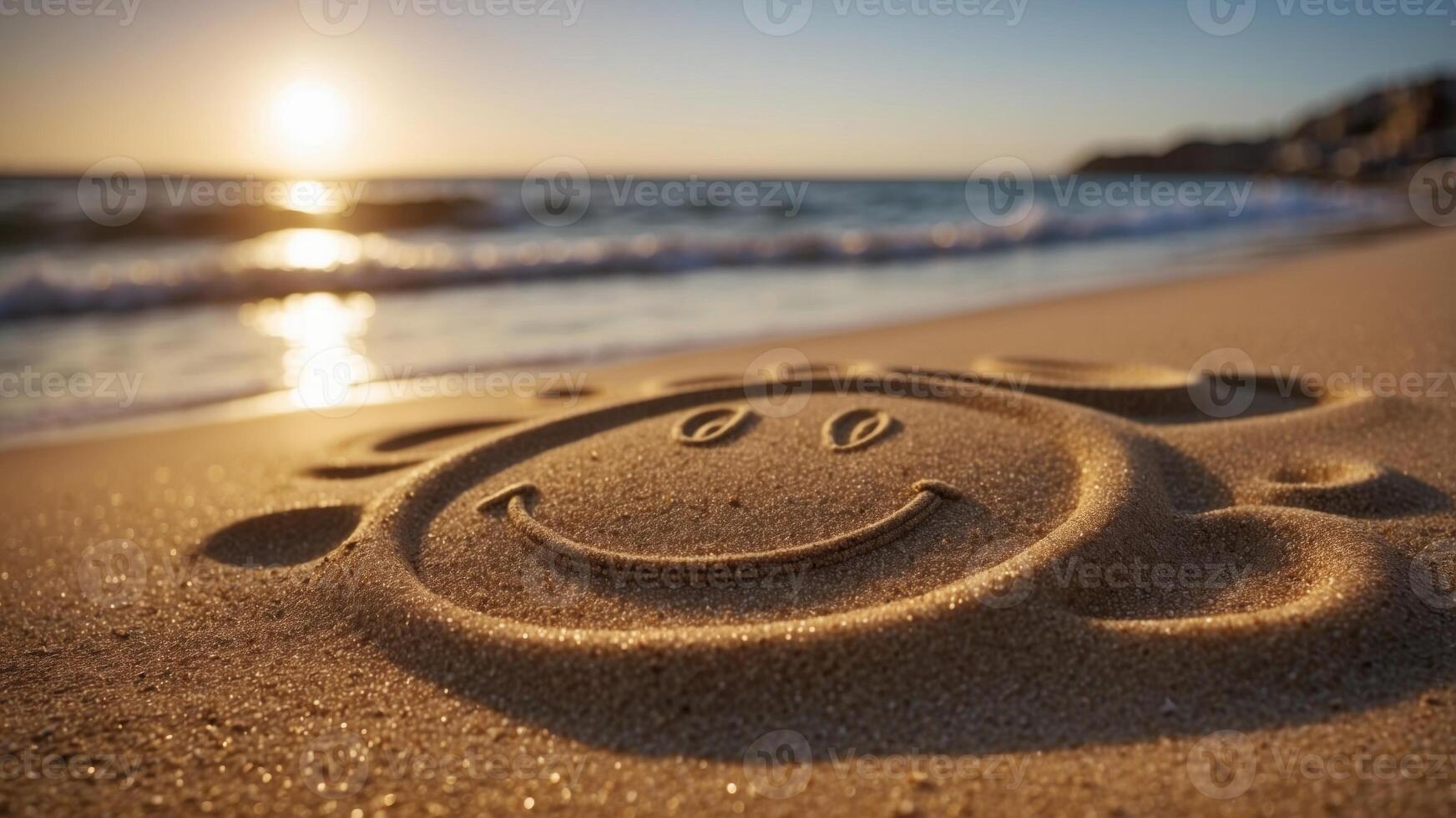 Smiley face drawn in sand on beach with sun and waves in background. photo