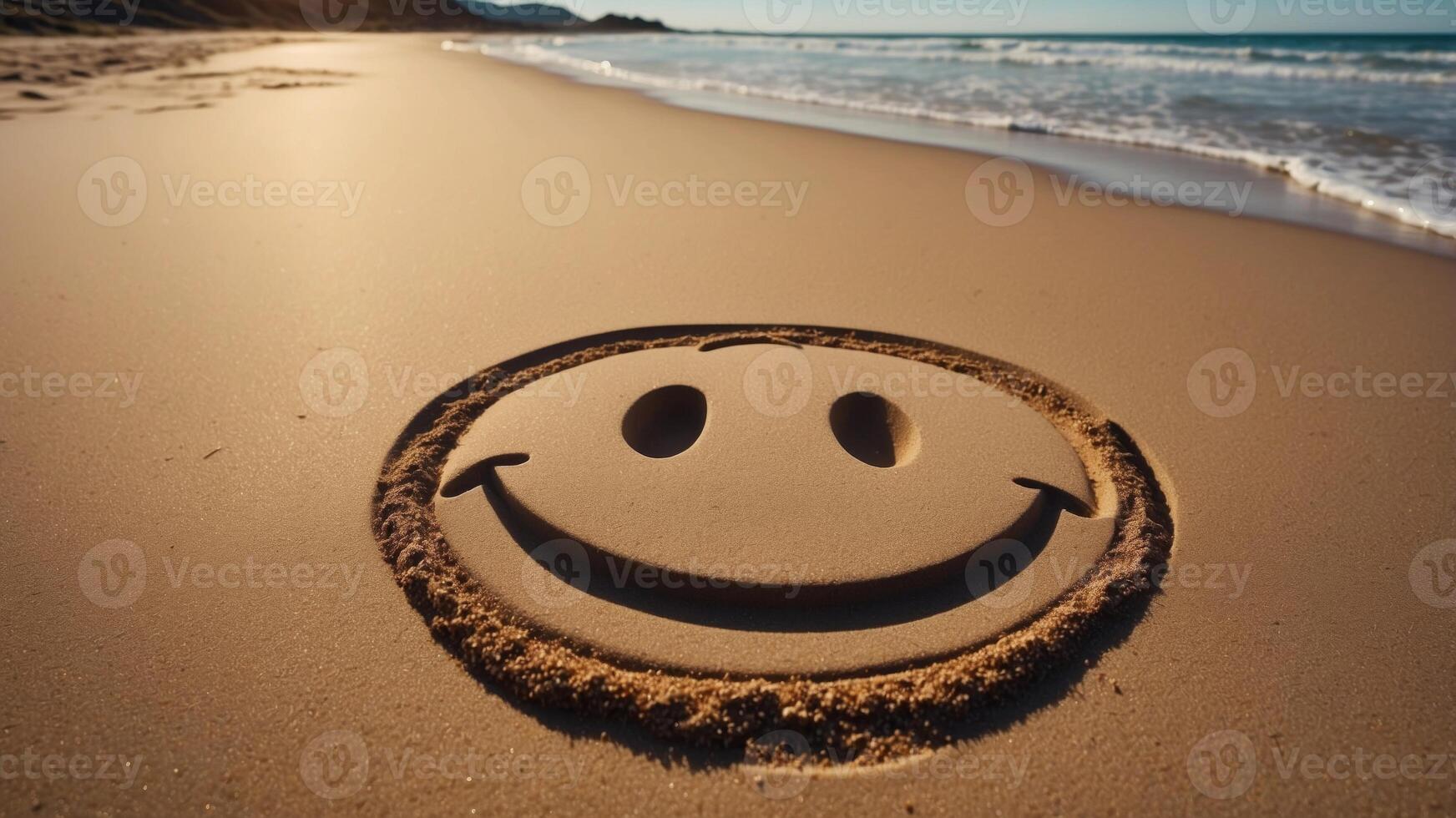 Smiley face drawn in sand on beach with sun and waves in background. photo