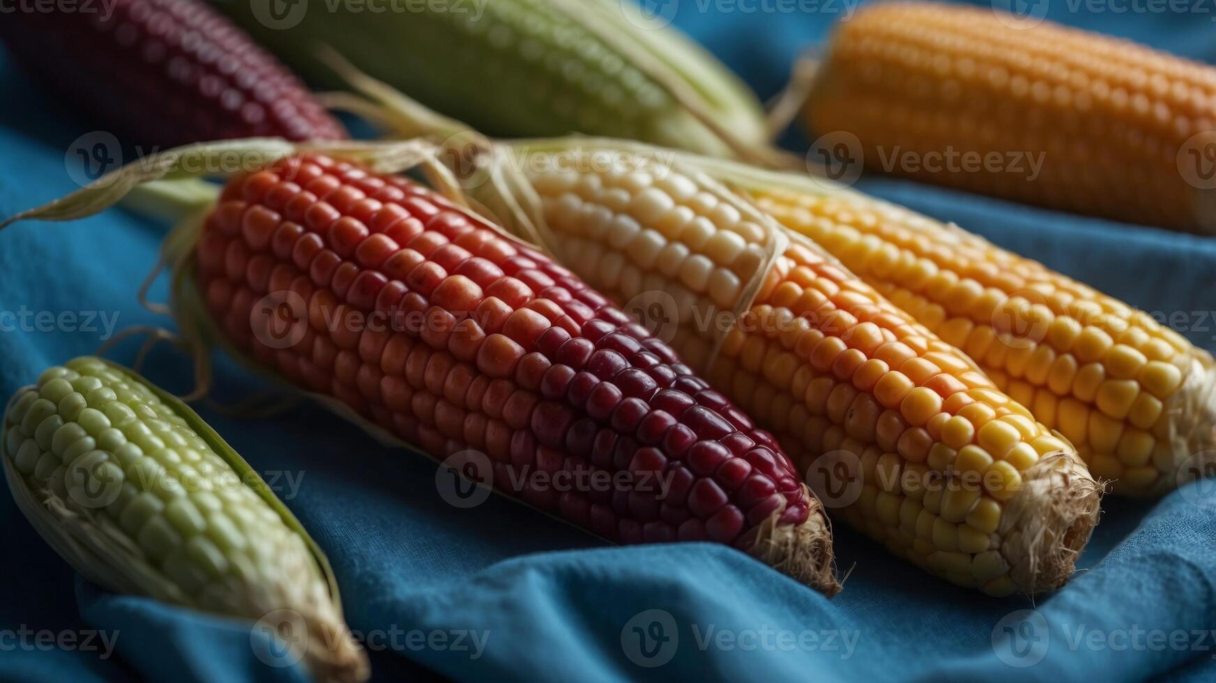 A bunch of colorful corn on a blue cloth. photo