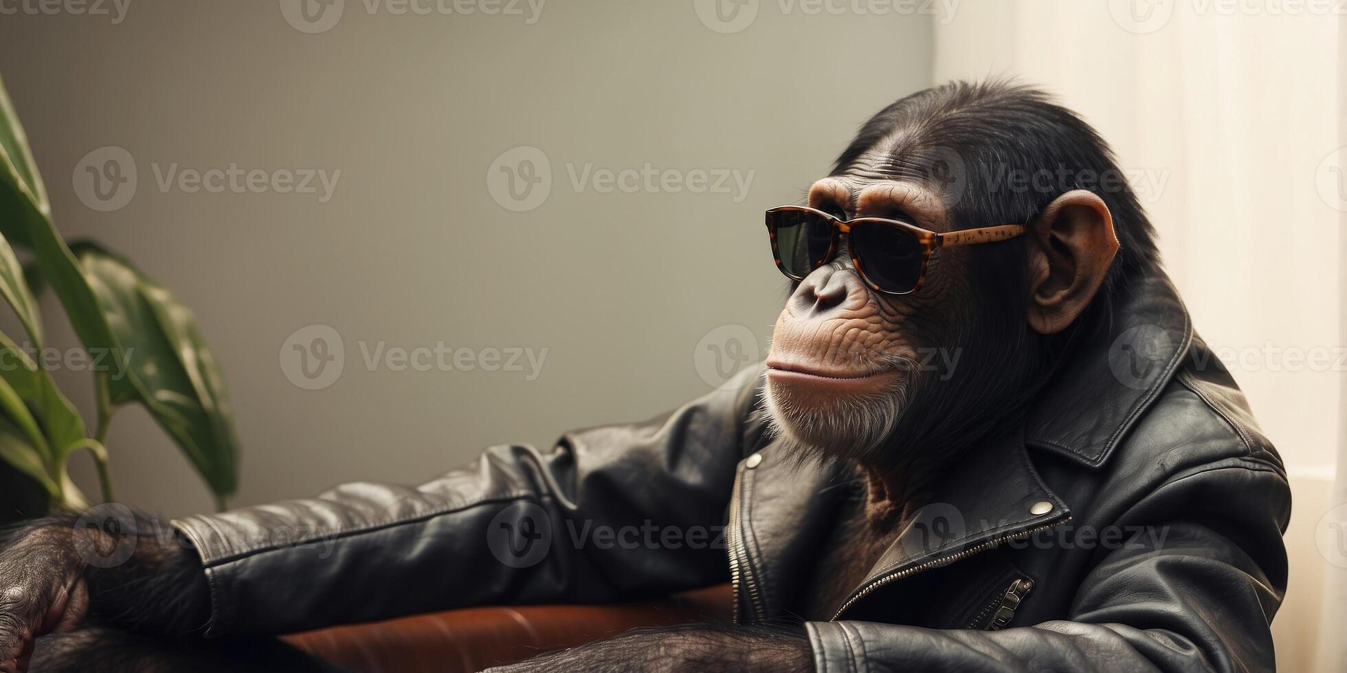A chimpanzee wearing sunglasses as well as a leather jacket sitting on a couch. photo