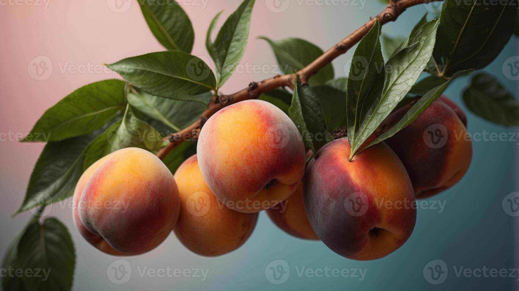 A bunch of peaches are on a leafy branch. photo