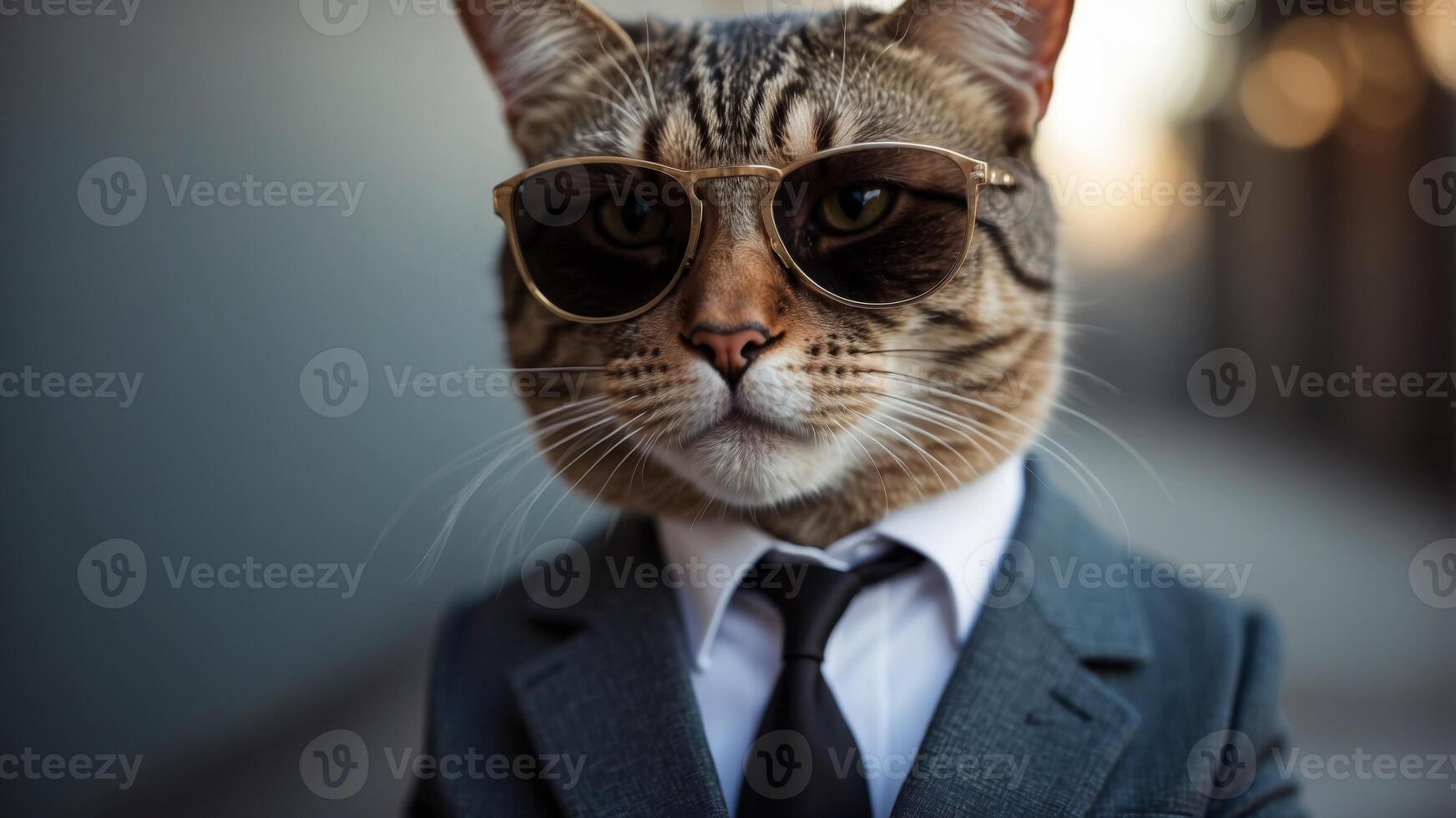 A cat wearing a suit and tie with sunglasses. photo
