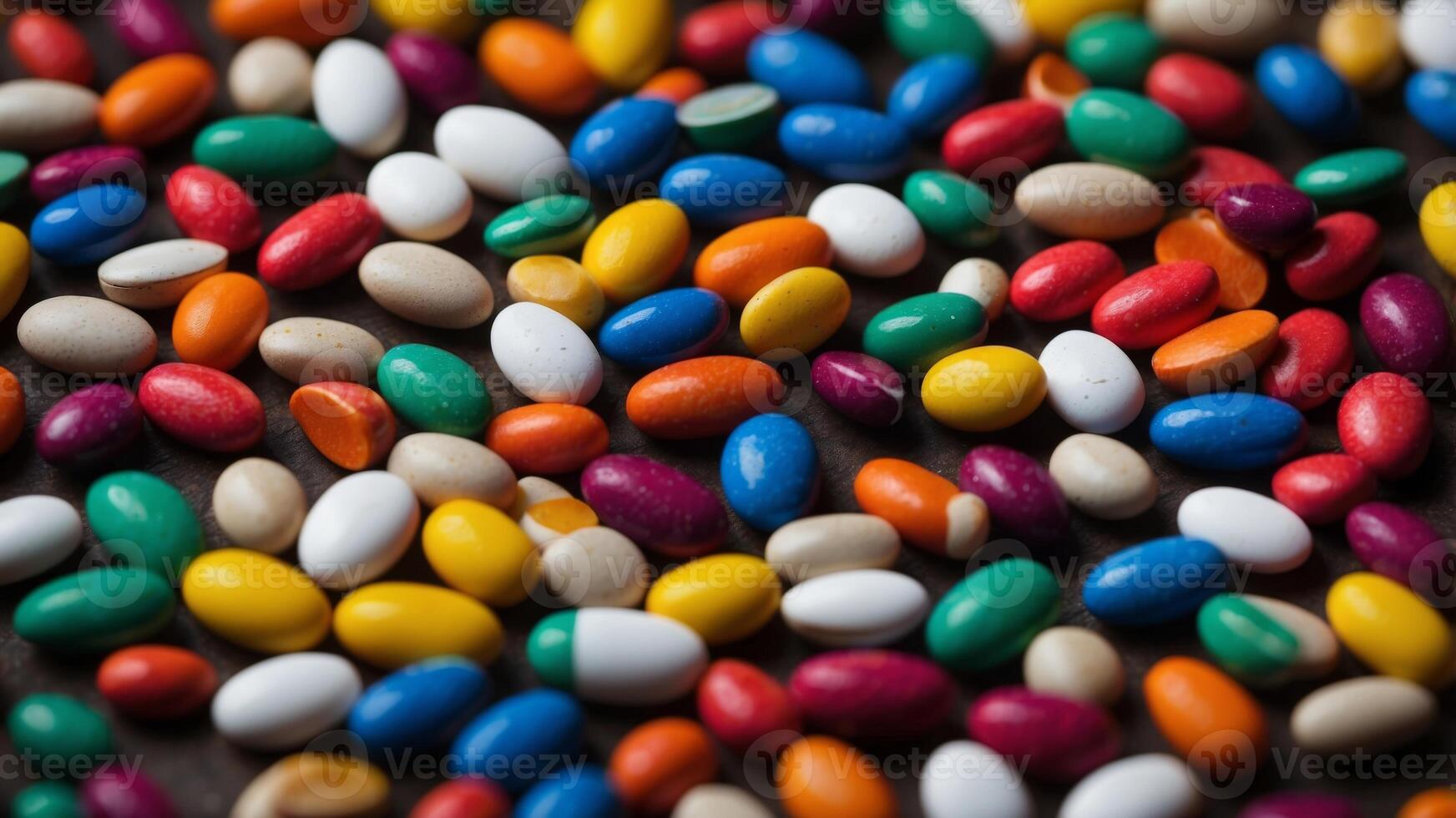 A bunch of colorful pills are scattered on a table. photo