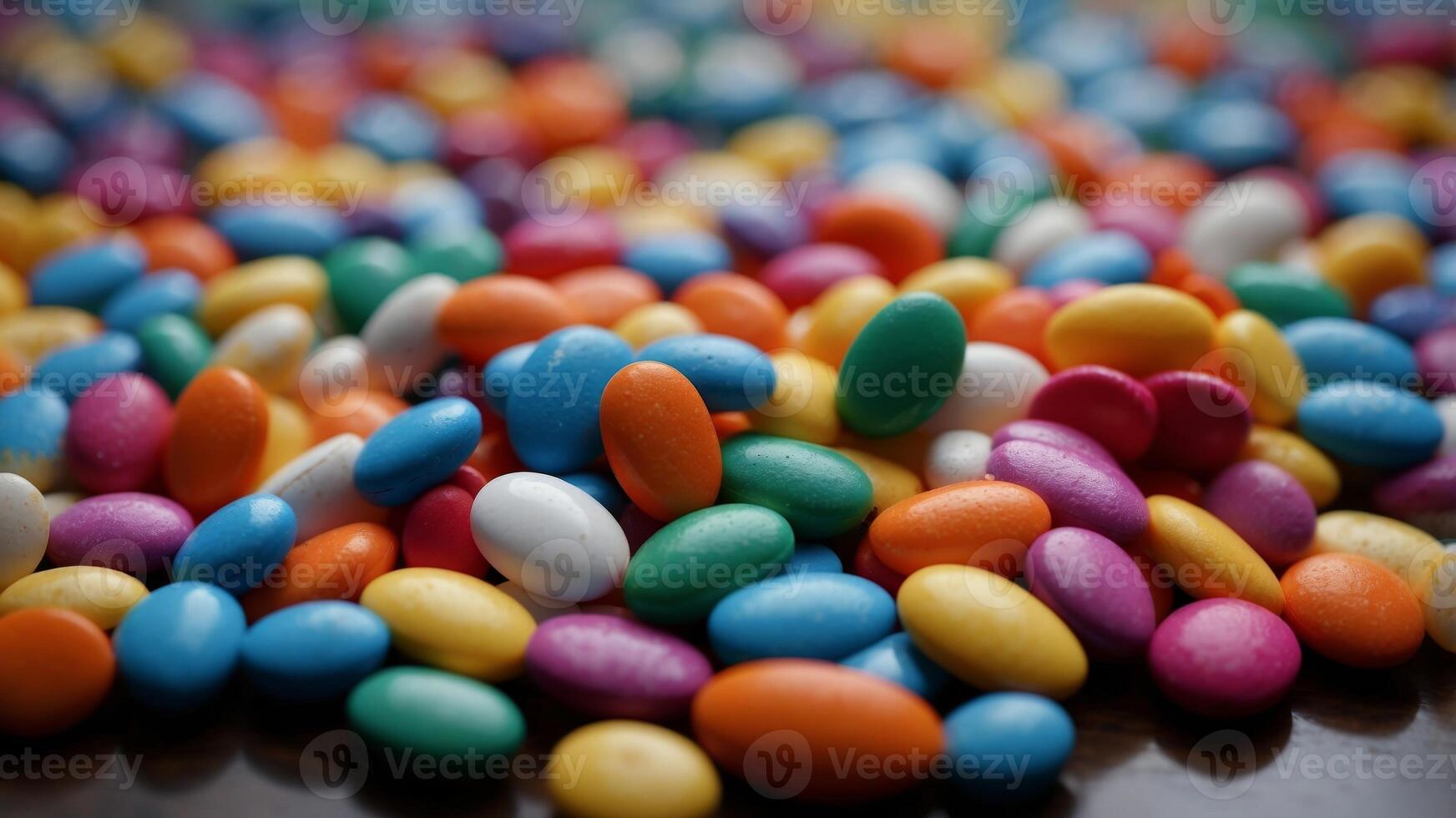 A bunch of colorful pills are scattered on a table. photo