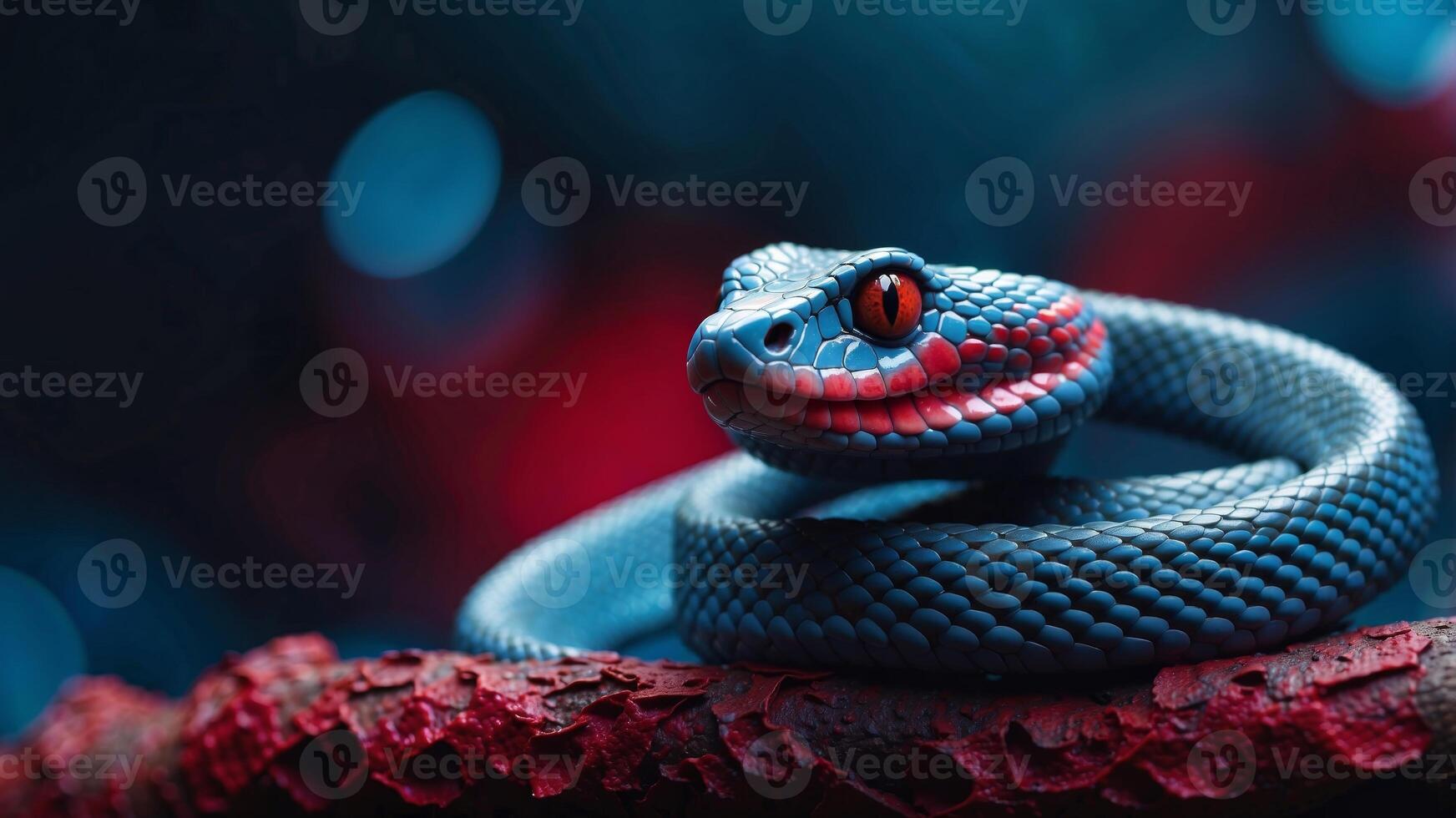A snake is being shown in a neon blue as well as red color scheme. photo