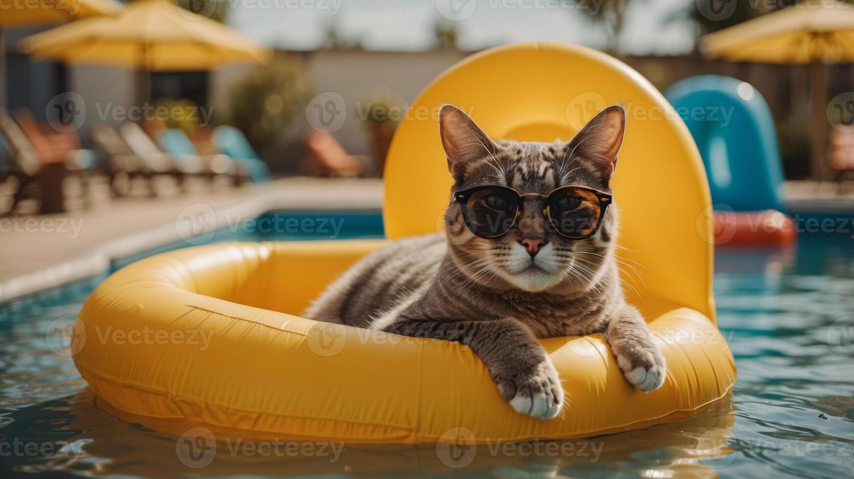 A cat wearing sunglasses and sitting on a yellow inflatable pool. photo