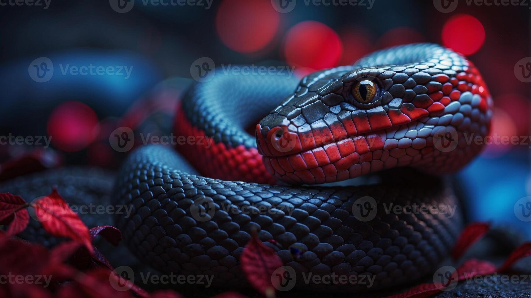 A snake is being shown in a neon blue as well as red color scheme. photo