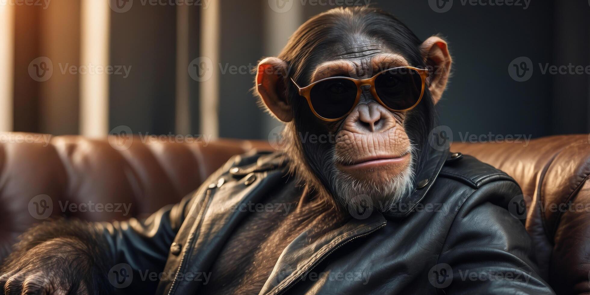 A chimpanzee wearing sunglasses as well as a leather jacket sitting on a couch. photo