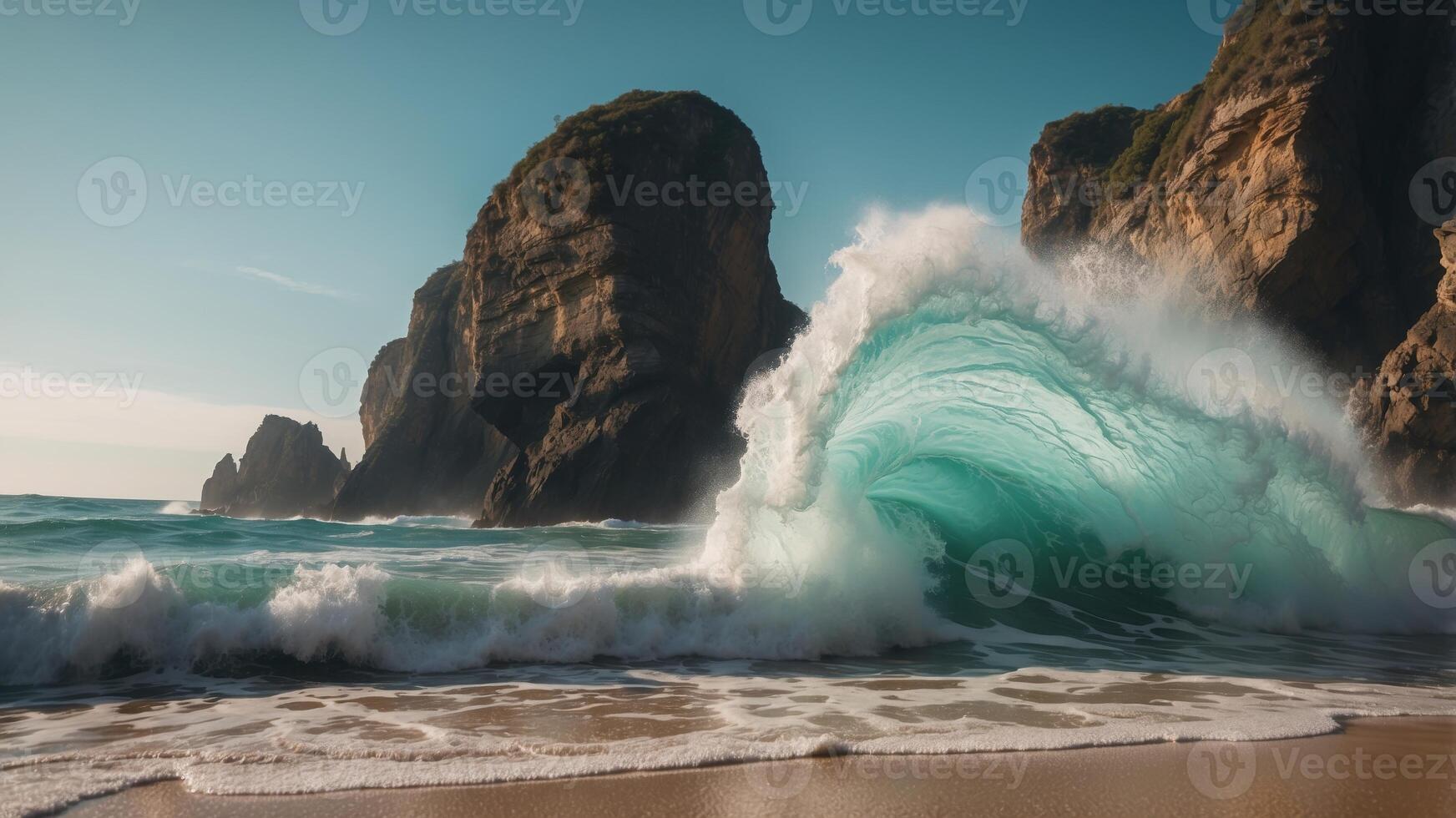 Majestic turquoise waves crashing on remote tropical beach coastline with dramatic rock formations and serene horizon. photo