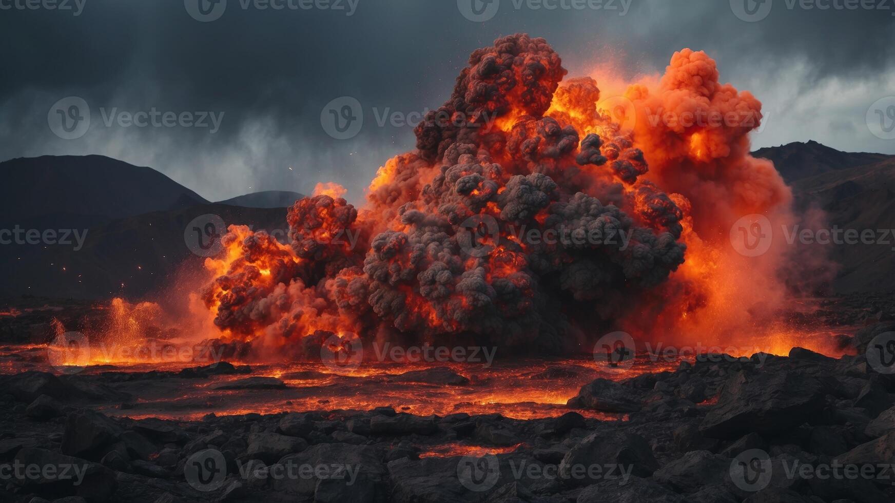 Volcanic eruption spews molten rock into atmosphere. photo