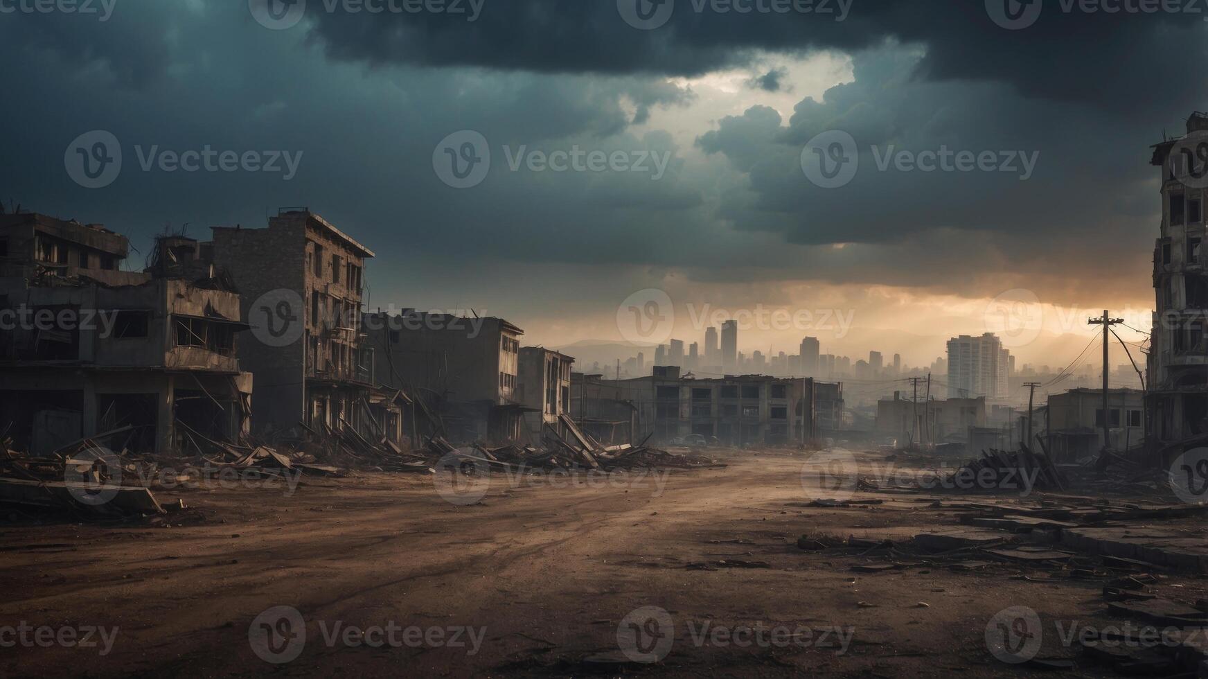 Desolate Cityscape of one Post Apocalyptic Metropolis Shrouded within Ominous Skies as well as Crumbling Ruins. photo