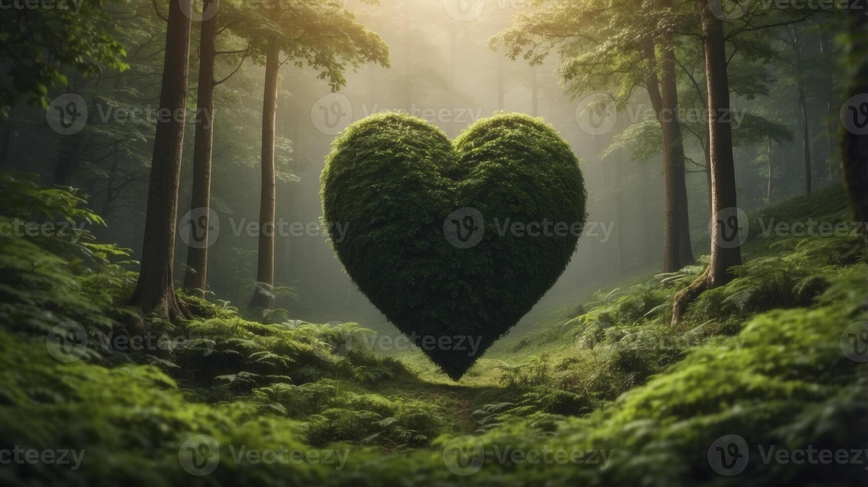 Lush green forest heart shape nature landscape concept for travel and tourism promotion. photo