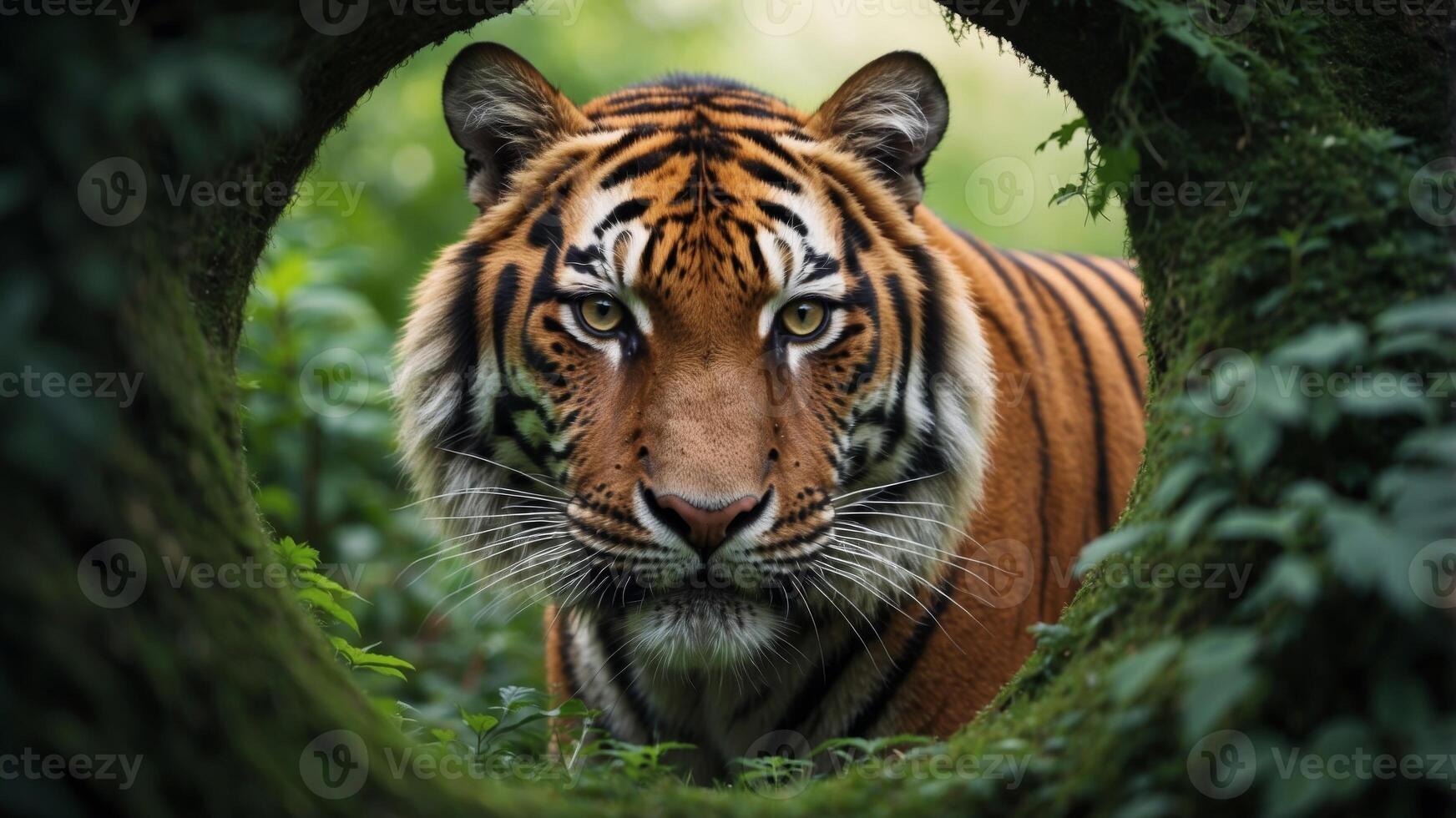 Wild tiger peeking out of green wall hole nature as well as wildlife exploration adventure concept image. photo