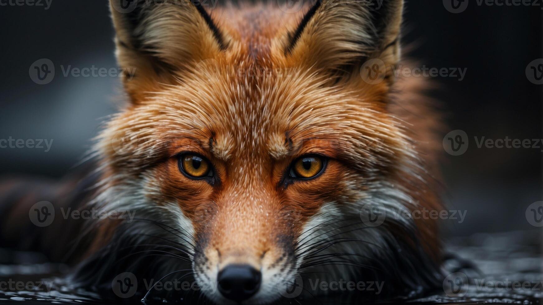 A fox is shown in a black background with a splash of water. photo