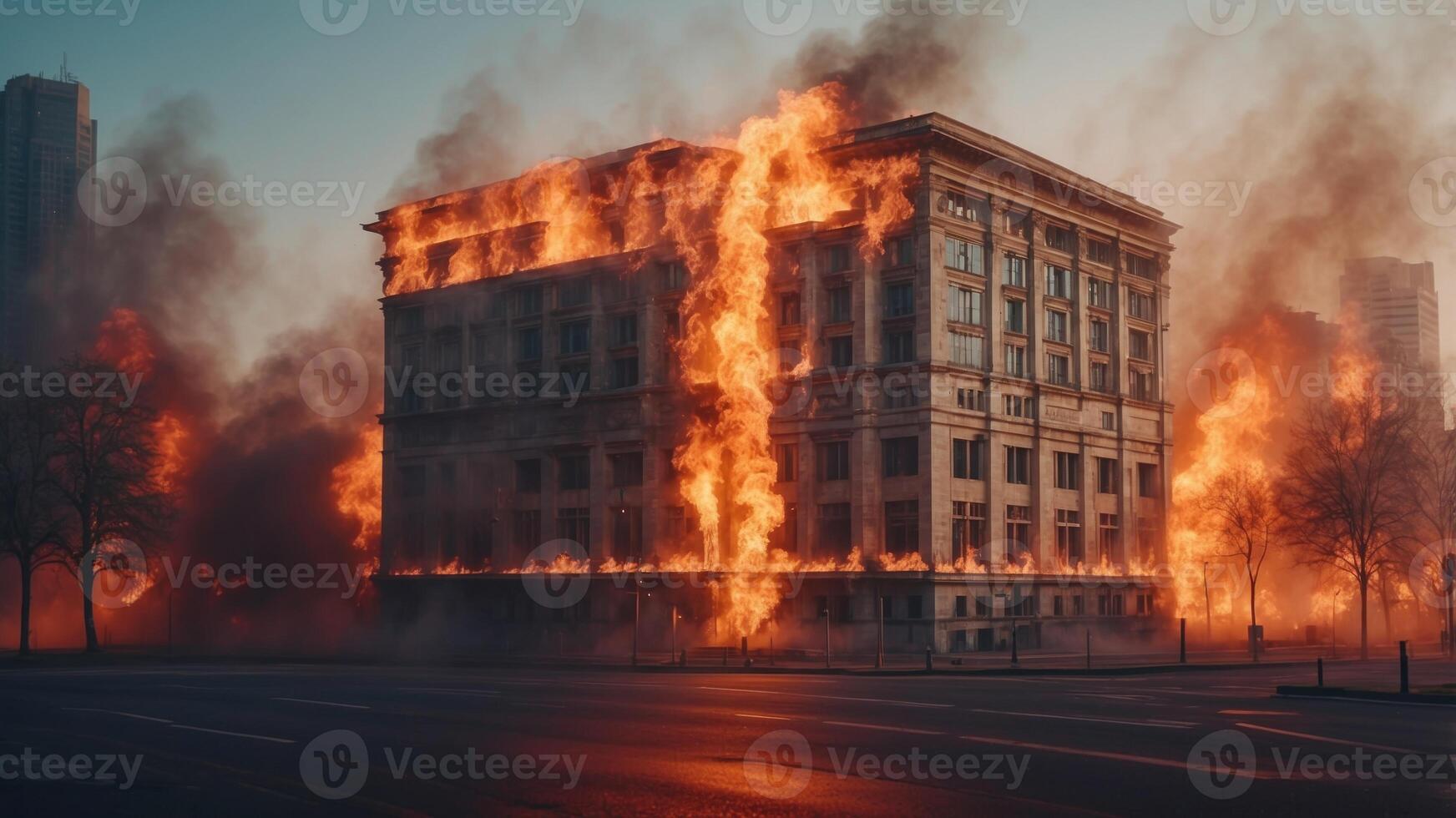 A large building in the city is engulfed in flames. photo