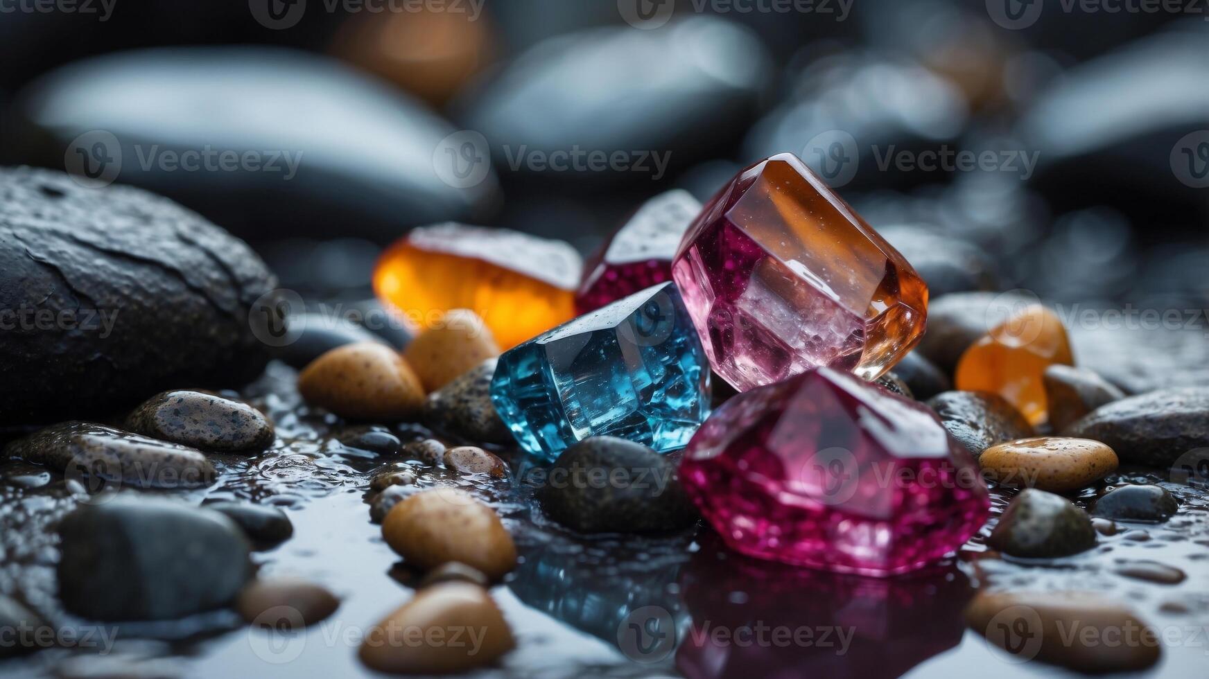 Wet rocks and crystals with water splashes. photo