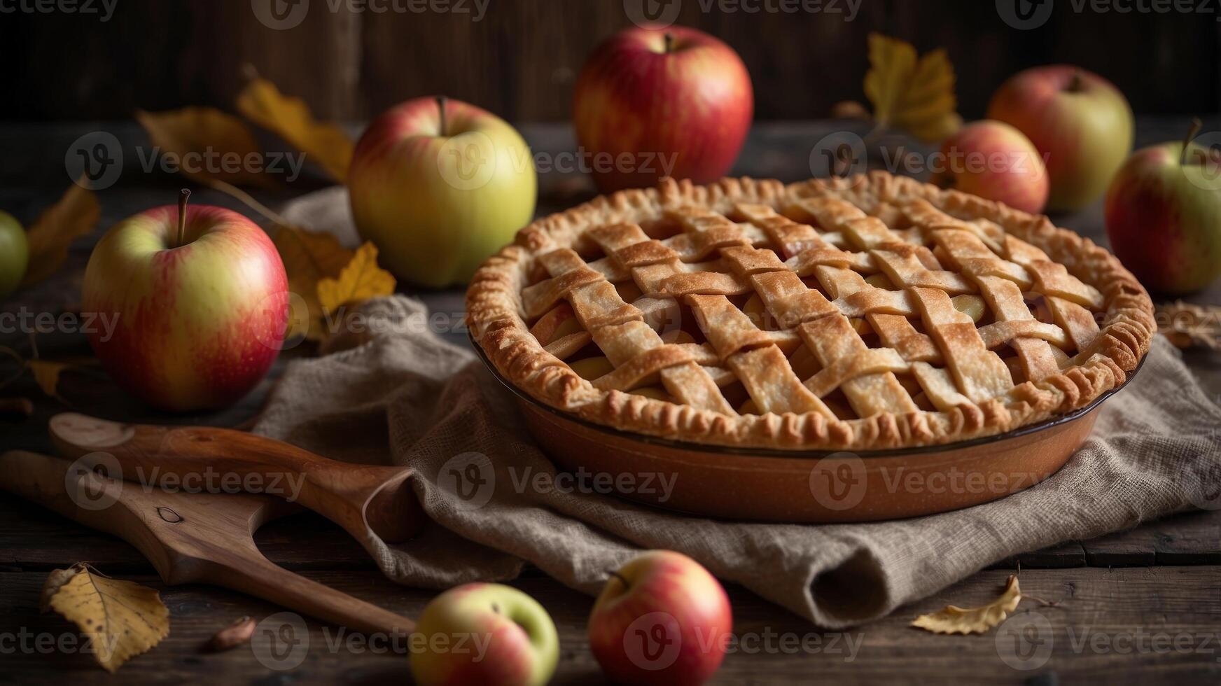 Freshly baked lattice apple pie with autumn leaves and apples on rustic wooden table. photo