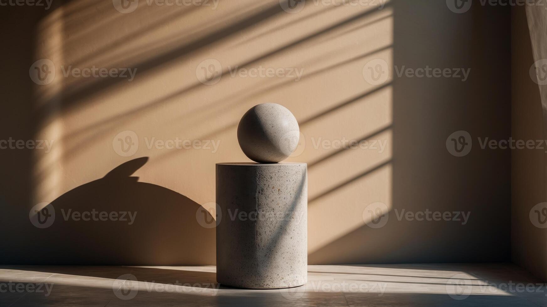 A round stone pedestal with a shadow on the wall behind it. photo