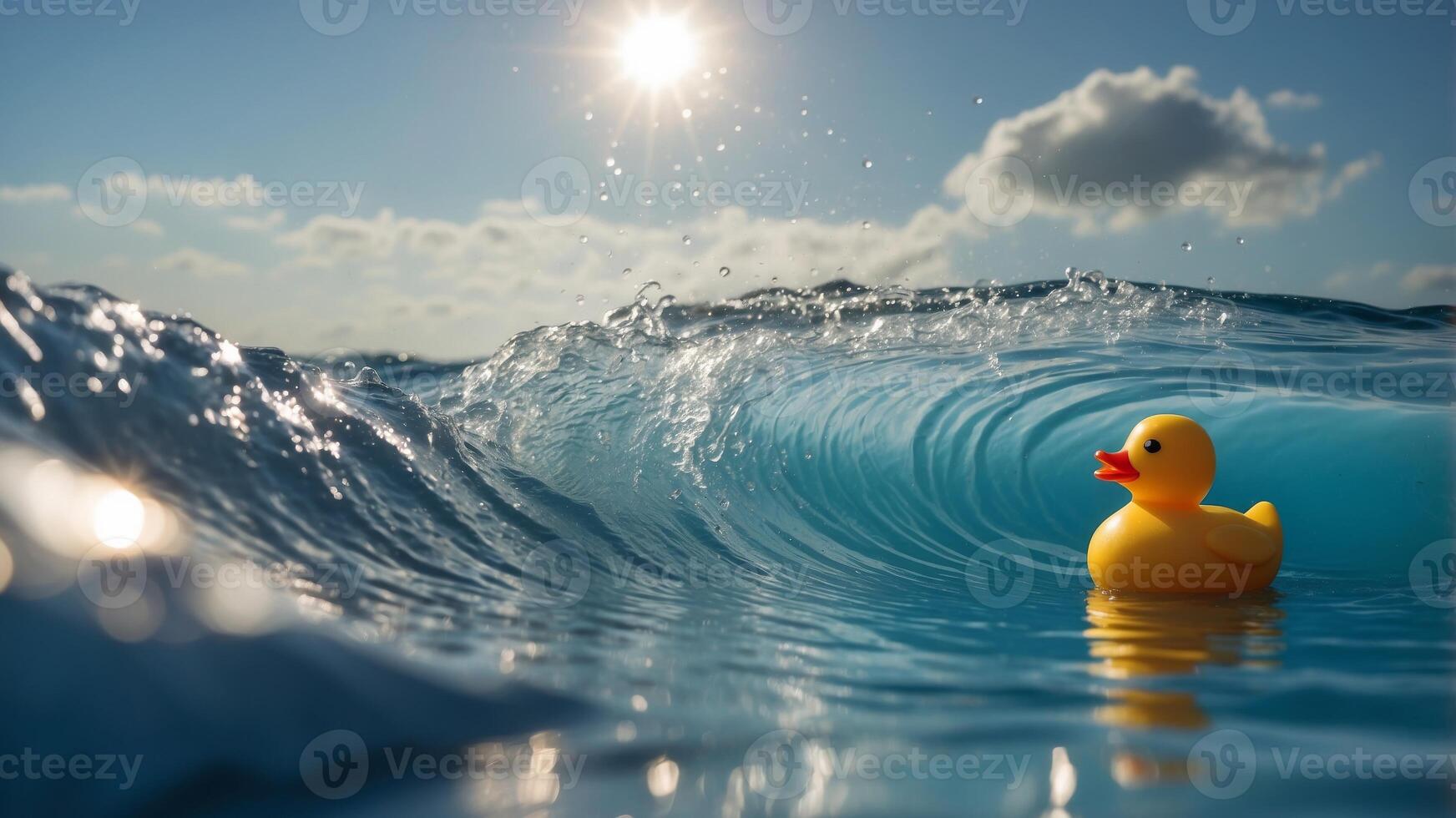 Sunny travel vibes yellow rubber duck on blue and white wave wall background. photo