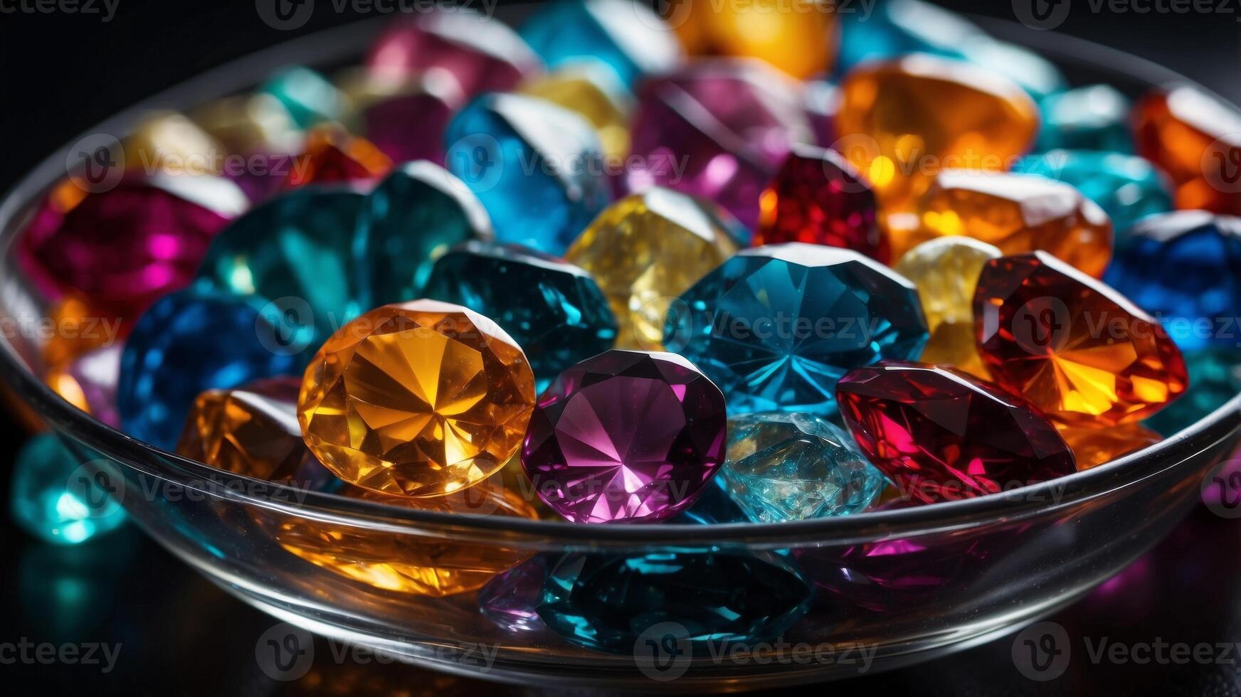 Colorful Gemstones Displayed in a Glass Bowl on a Dark Surface. photo