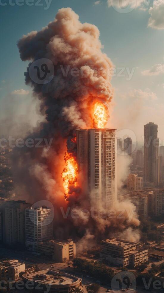 Dramatic Cityscape Ablaze with Towering Smoke Plumes and Raging Fire Engulfing High Rise Buildings. photo